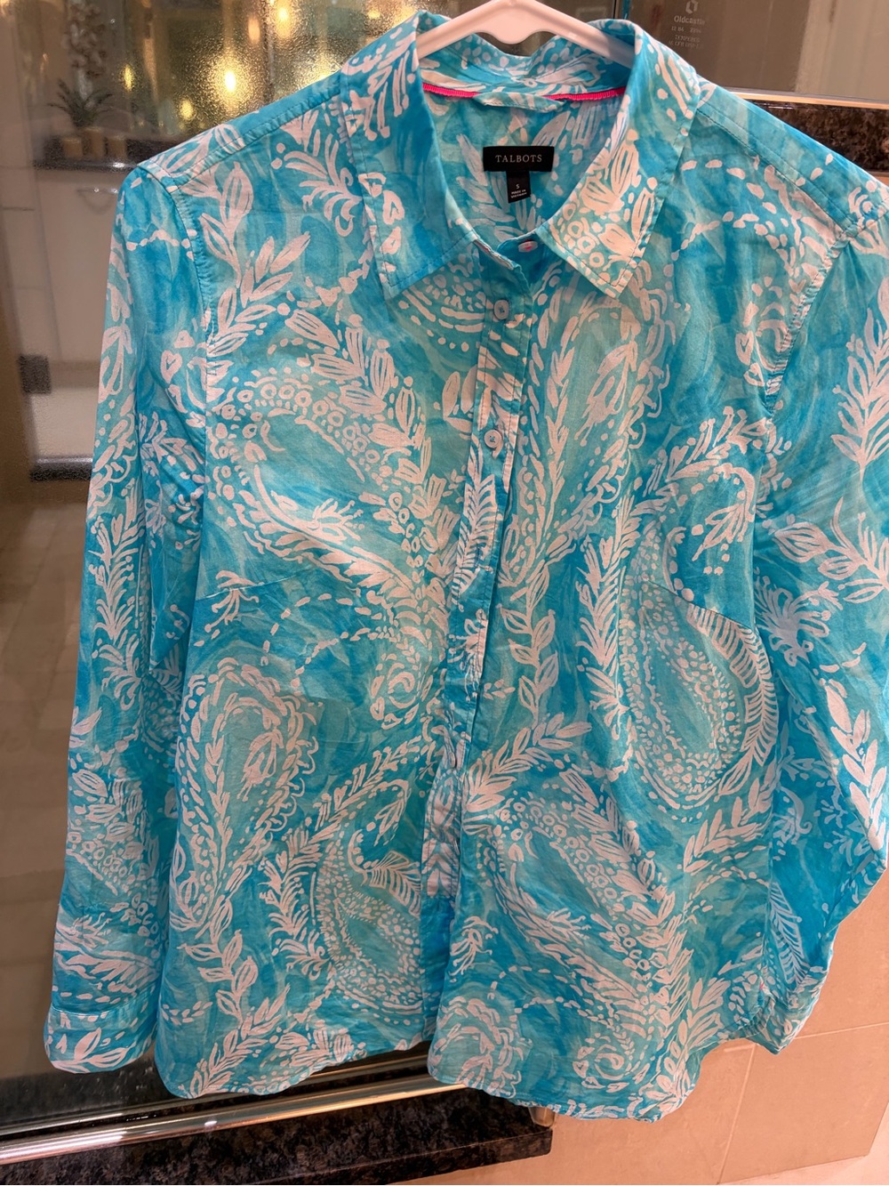 Talbots Turquoise and White Paisley Button-Up Shirt